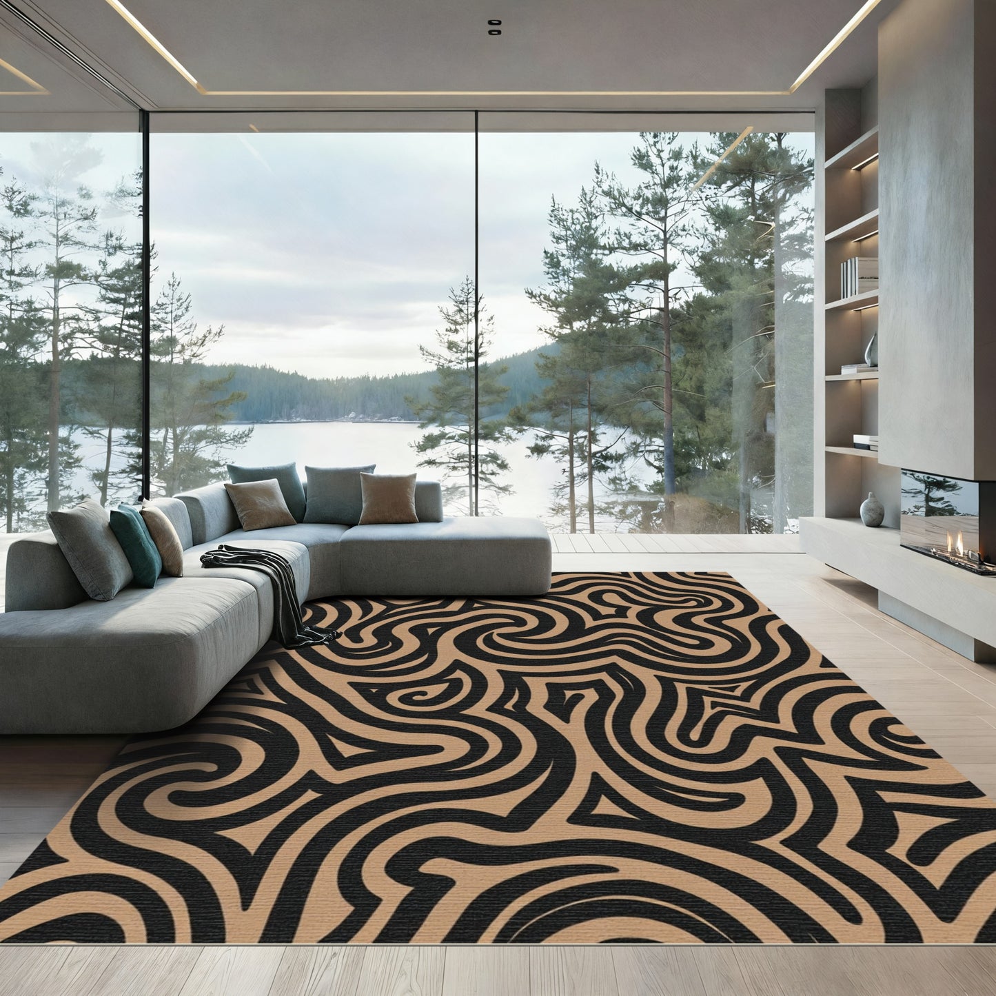 Black and Tan Swirling Lines Rug