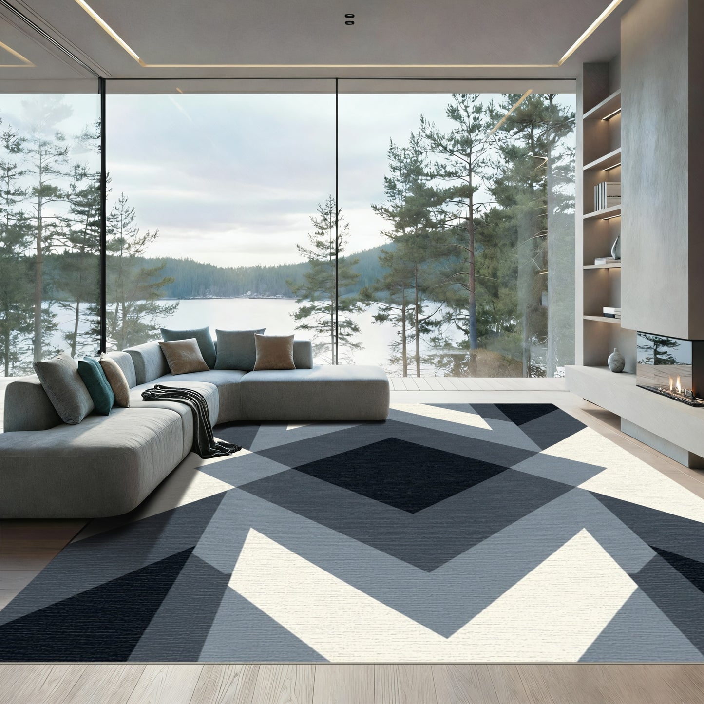 Monochrome Geometric Diamond Chevron Rug