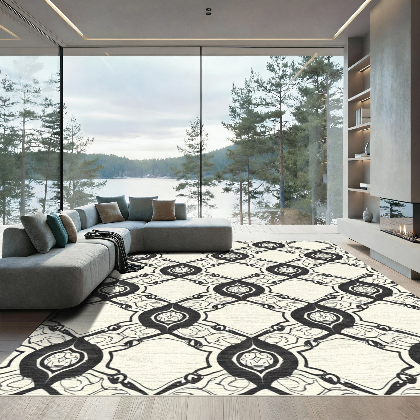 Cream and Black Elaborate Medallion Diamond Rug