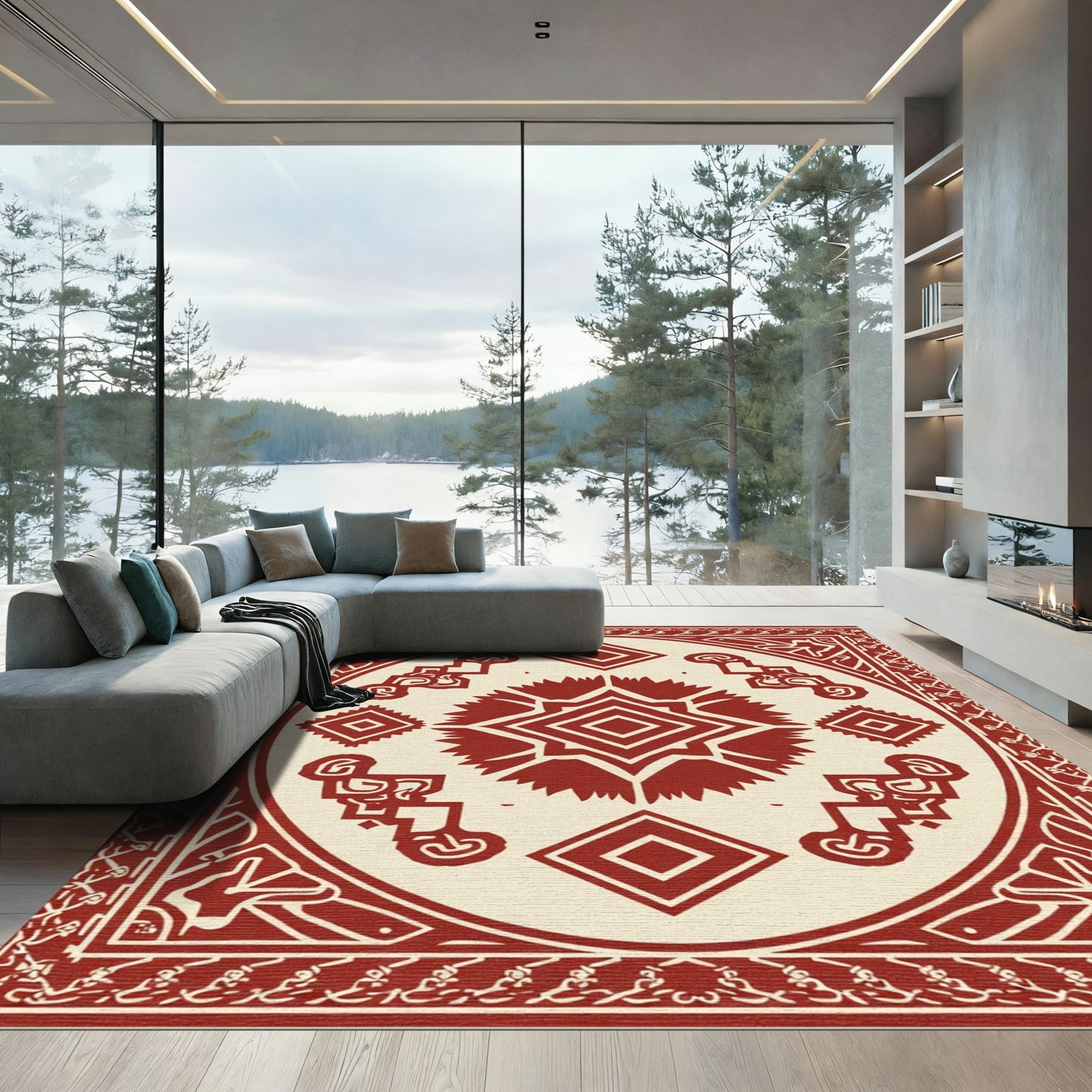 Crimson Medallion Diamond Border Rug
