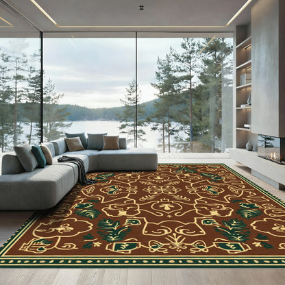 Brown Cream Green Floral Medallion Rug