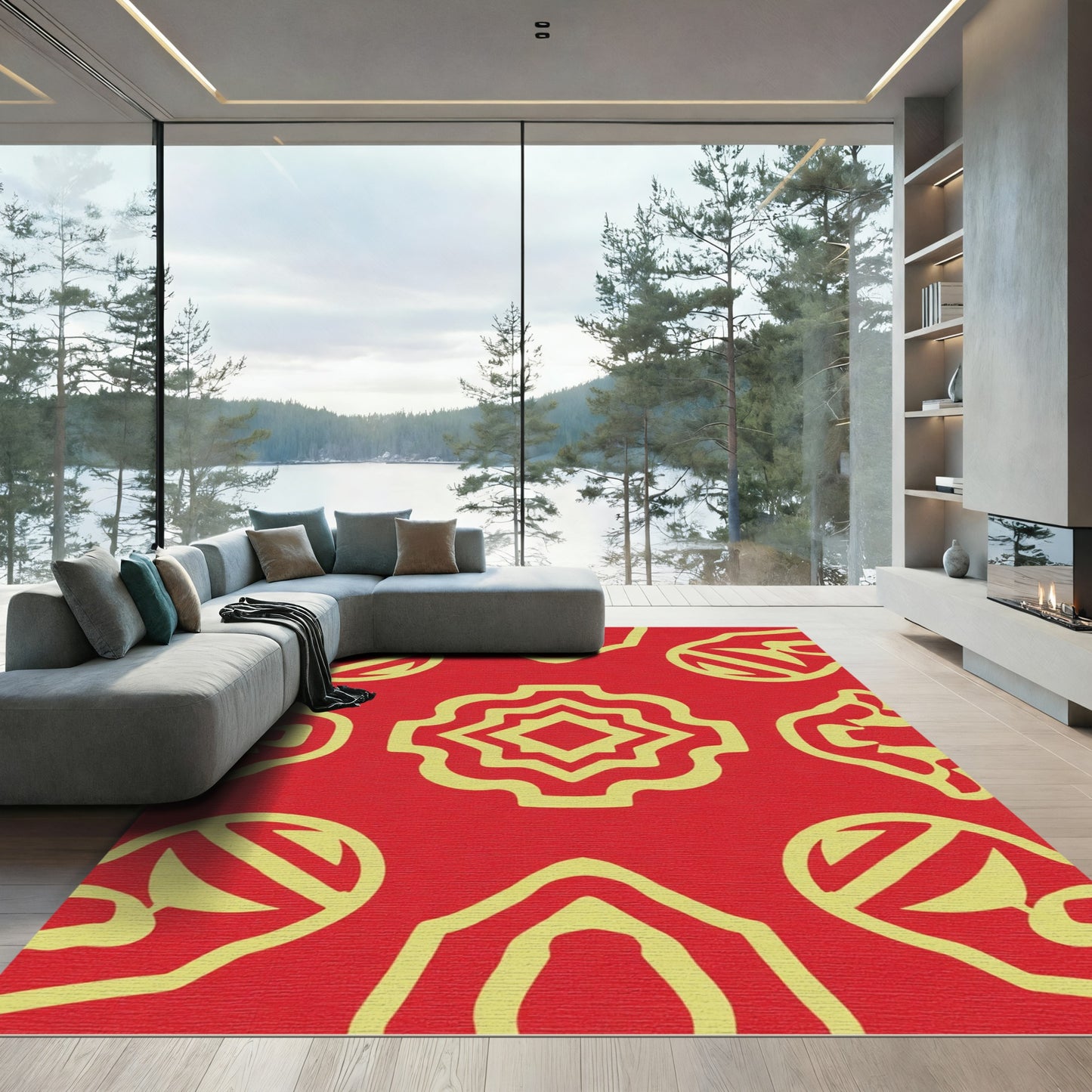 Red Yellow Abstract Floral Ornament Rug