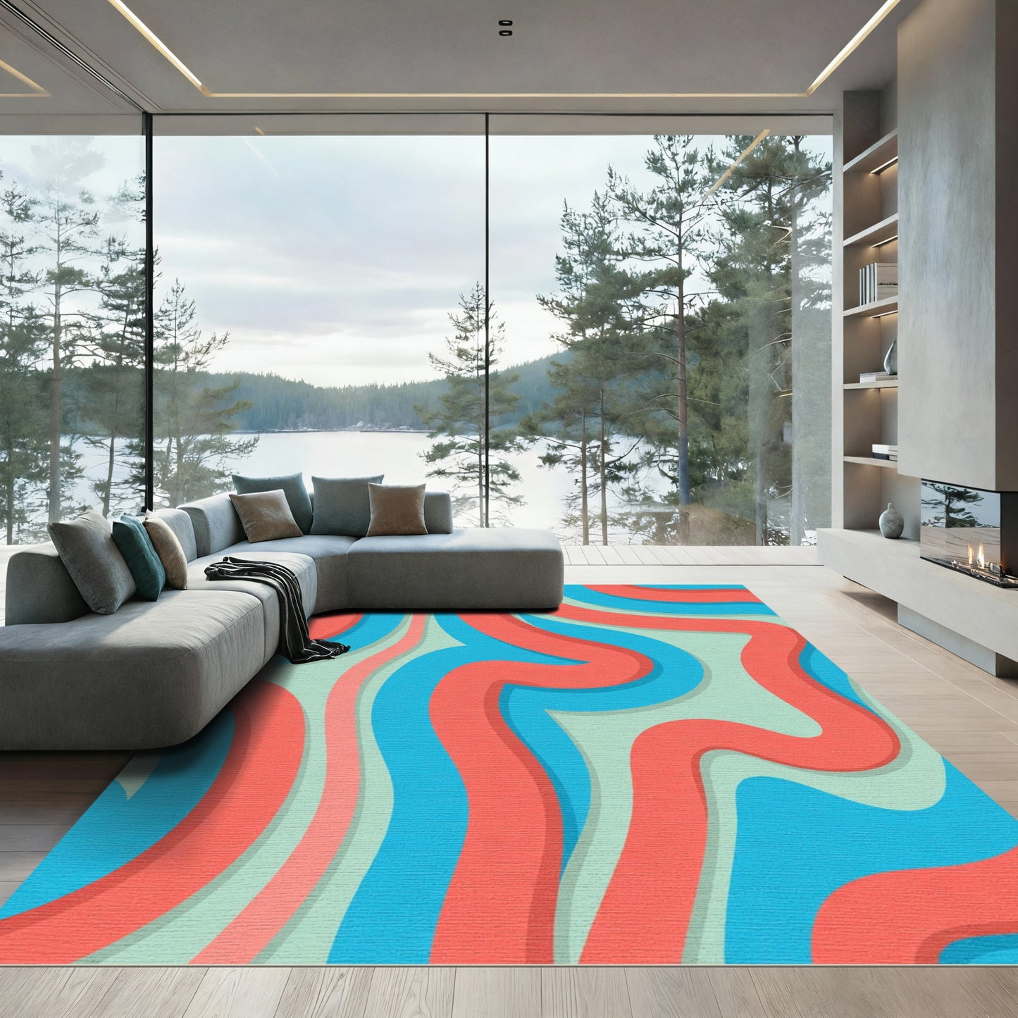 Coral Blue Swirl Abstract Rug