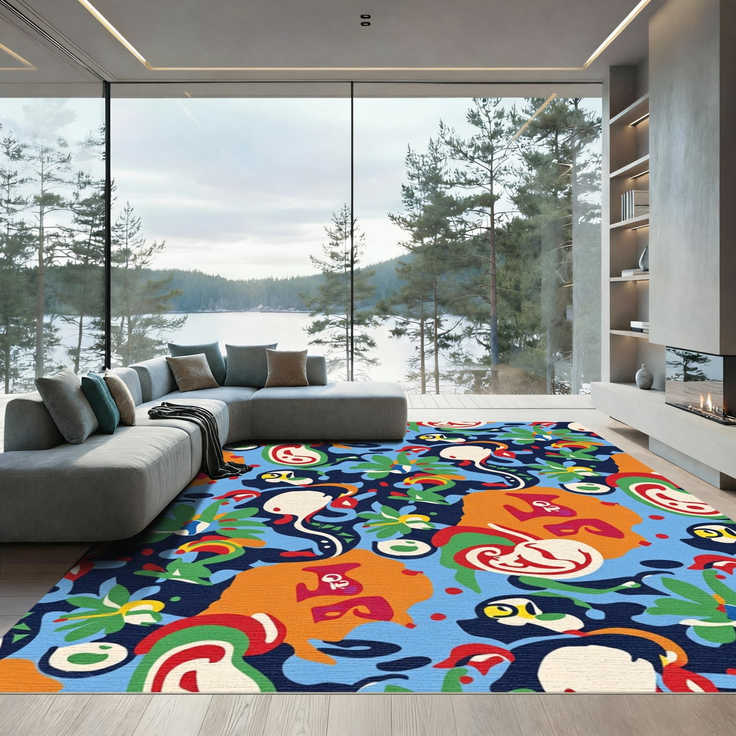 Vibrant Abstract Shapes Blue Orange Floral Rug