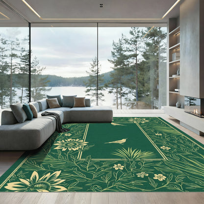 Emerald Green Bird Floral Border Rug