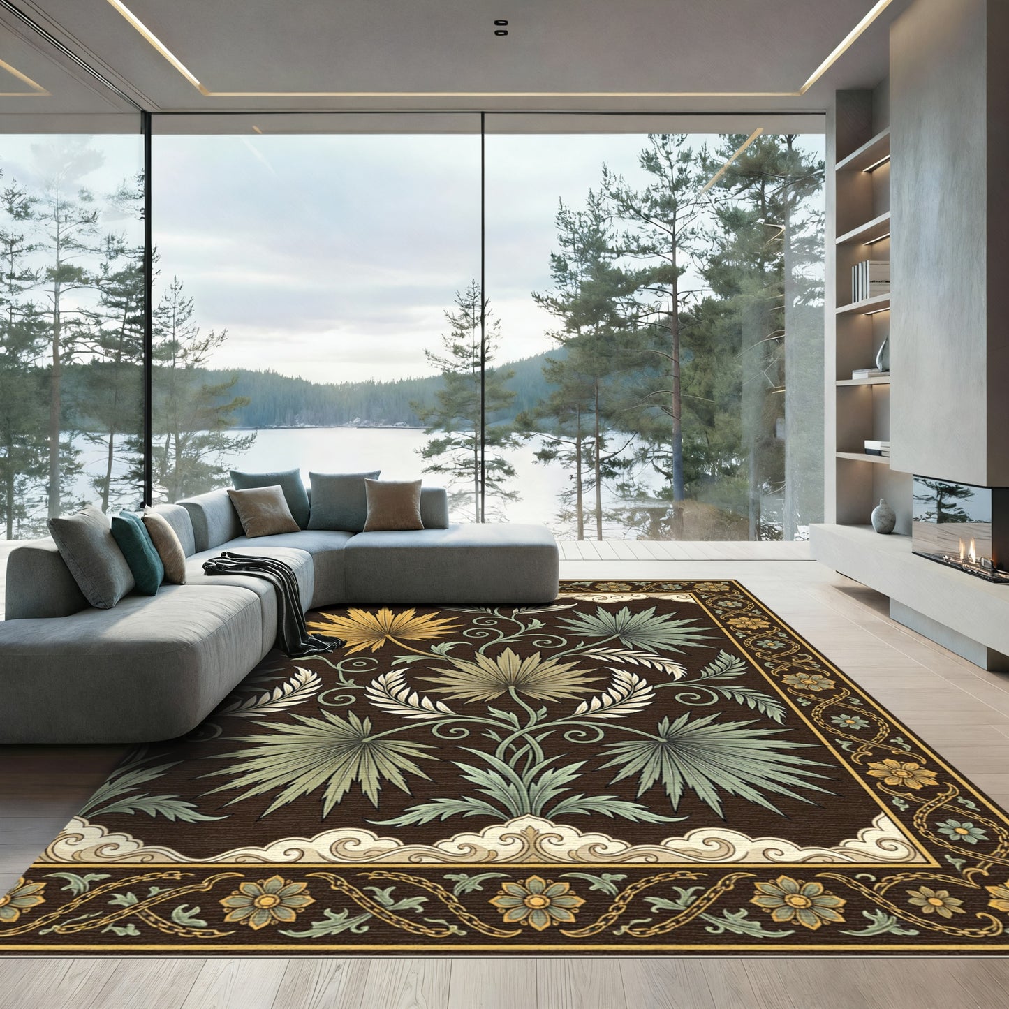 Art Nouveau Green Palm Leaf Border Rug