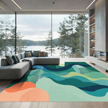 Teal Emerald Abstract Wavy Stripes Rug