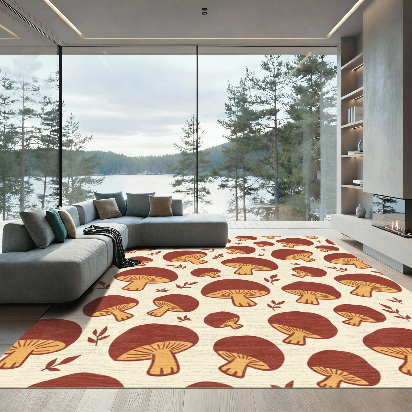 Brown Mushroom Field Autumn Folk Art Rug
