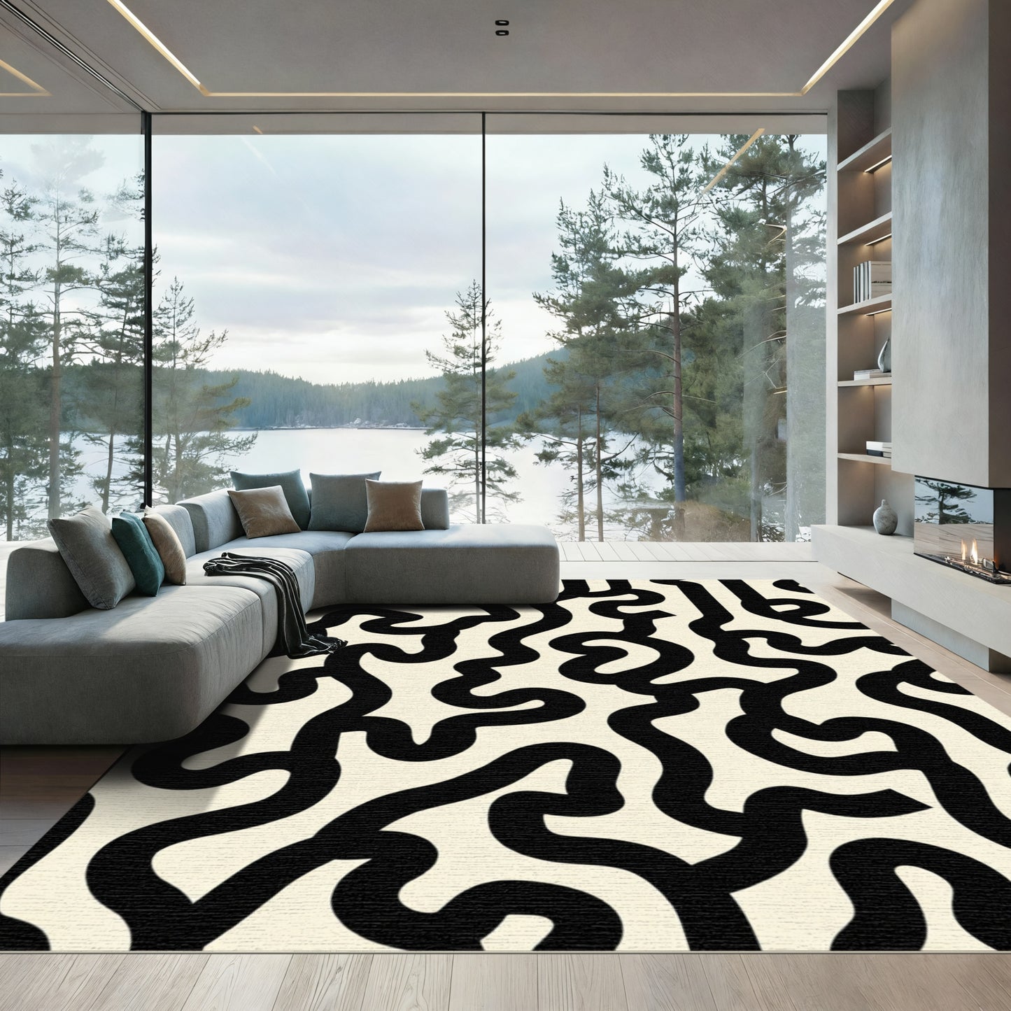 Black Cream Abstract Continuous Line Rug