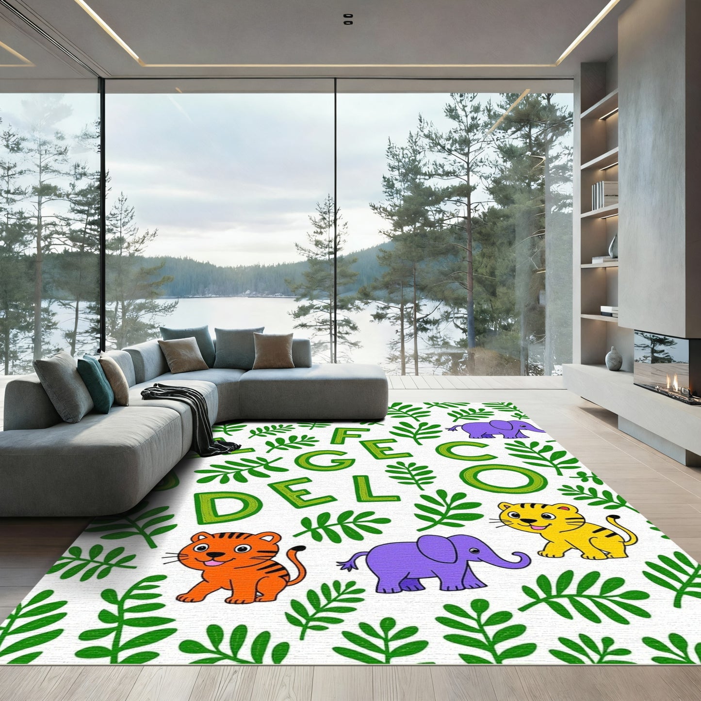 Jungle Alphabet Animals Green Foliage Rug