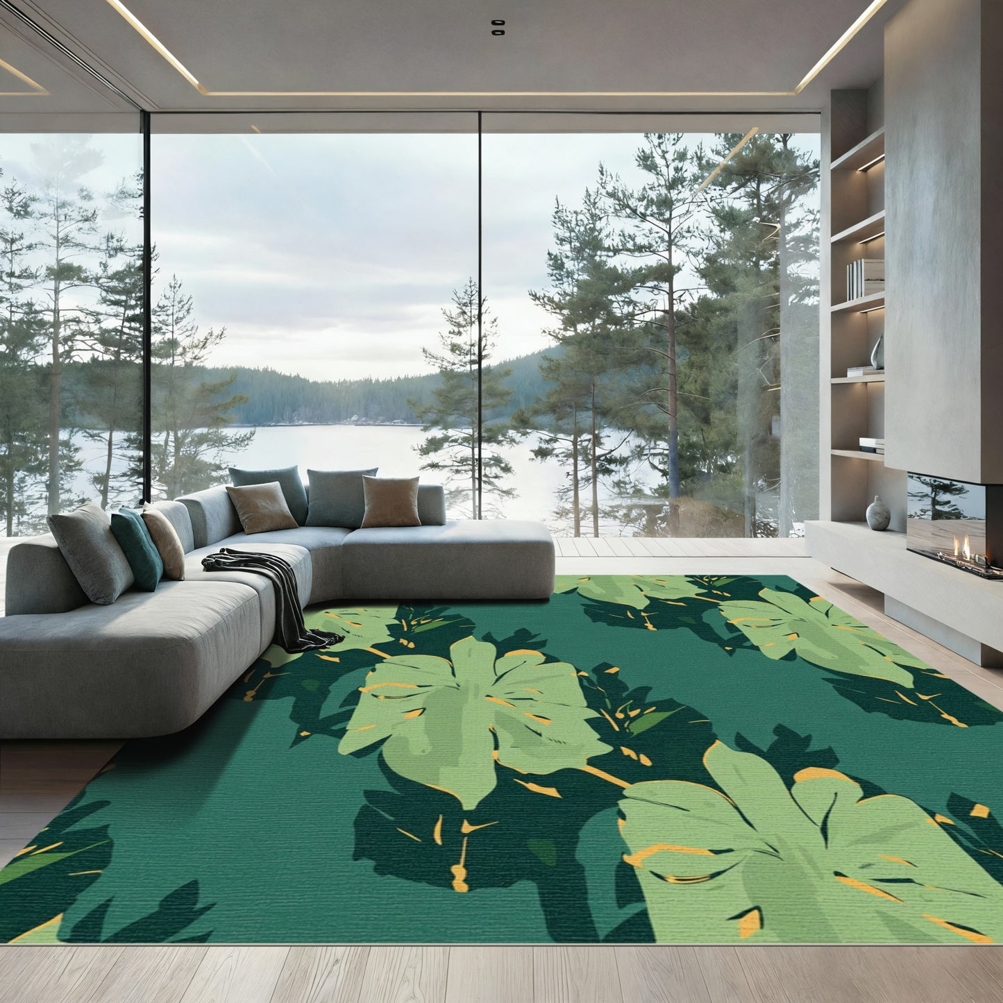Emerald Green Tropical Leaf Arrangement Rug