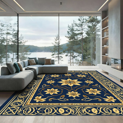 Golden Floral Scrollwork Navy Blue Rug