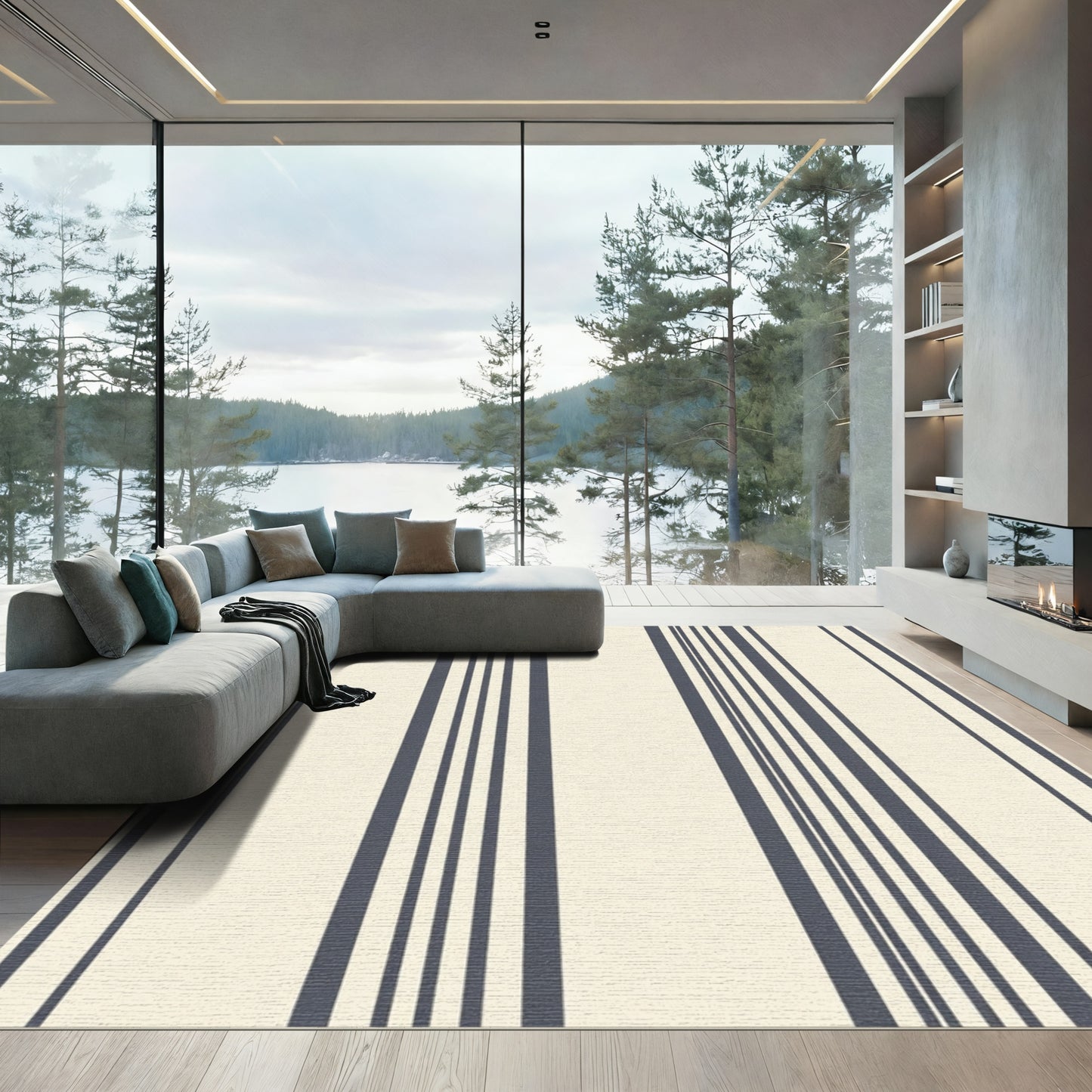 Cream Navy Vertical Stripe Rug
