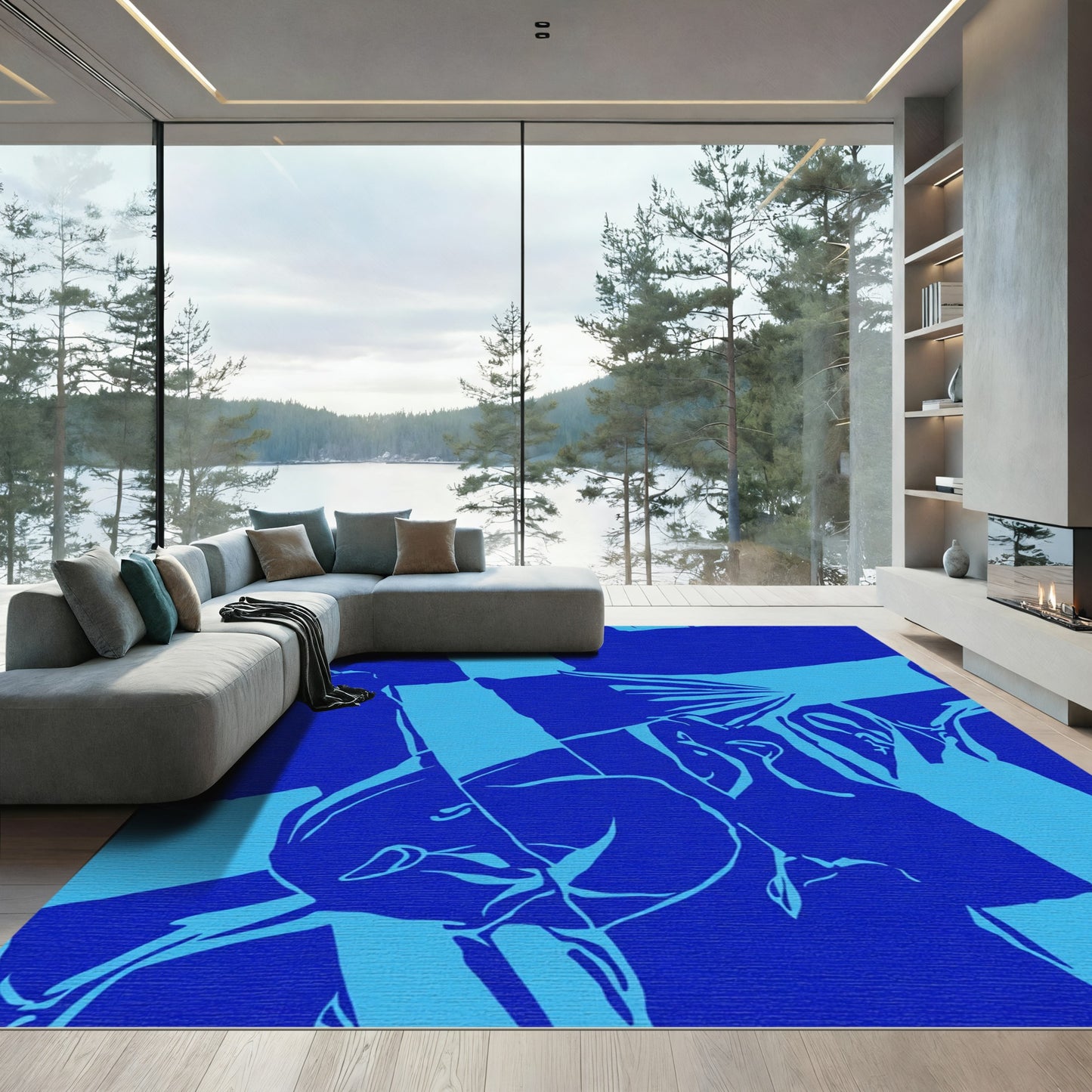 Abstract Blue Line Art Rug