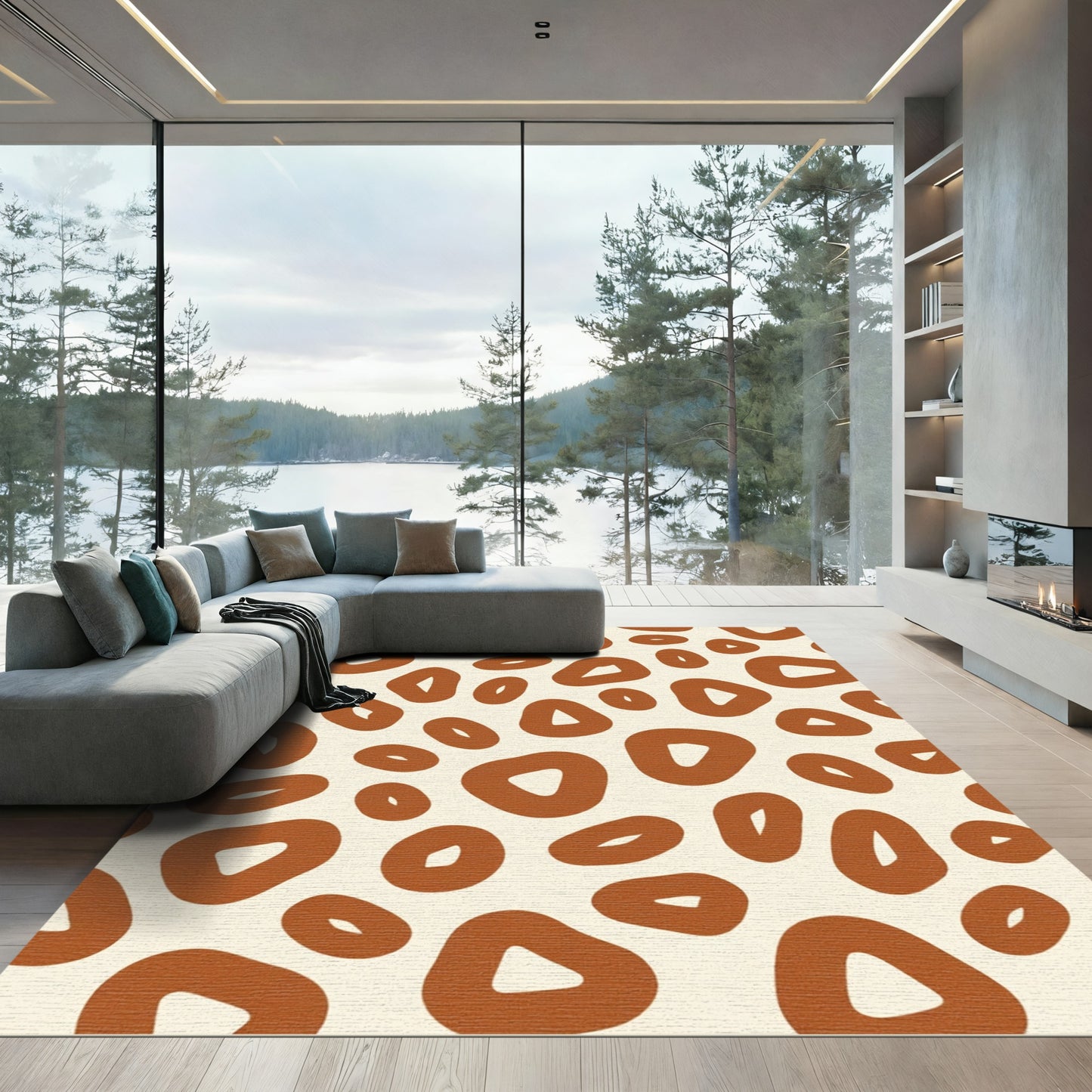 Earthy Ochre Abstract Organic Shapes Rug