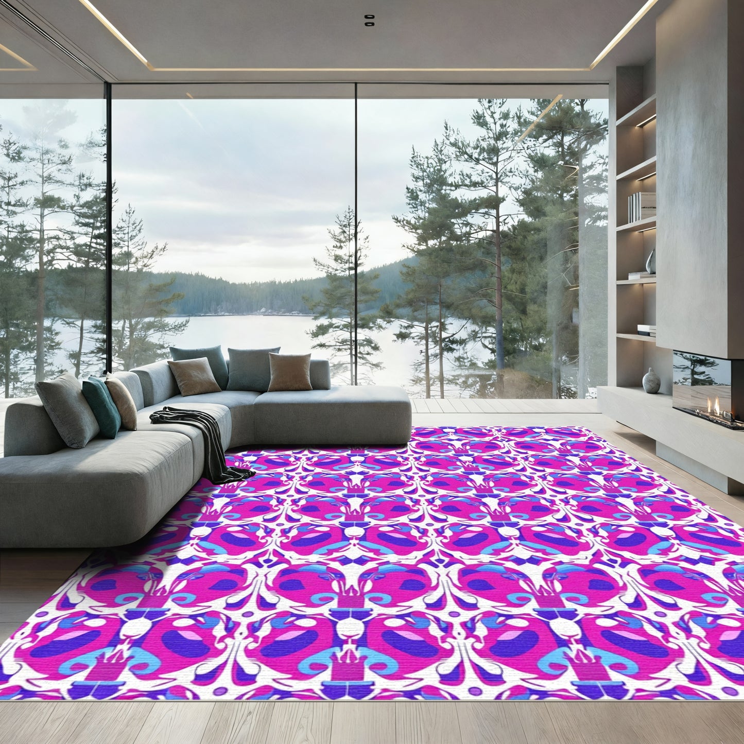 Vibrant Pink Blue Floral Medallion Rug