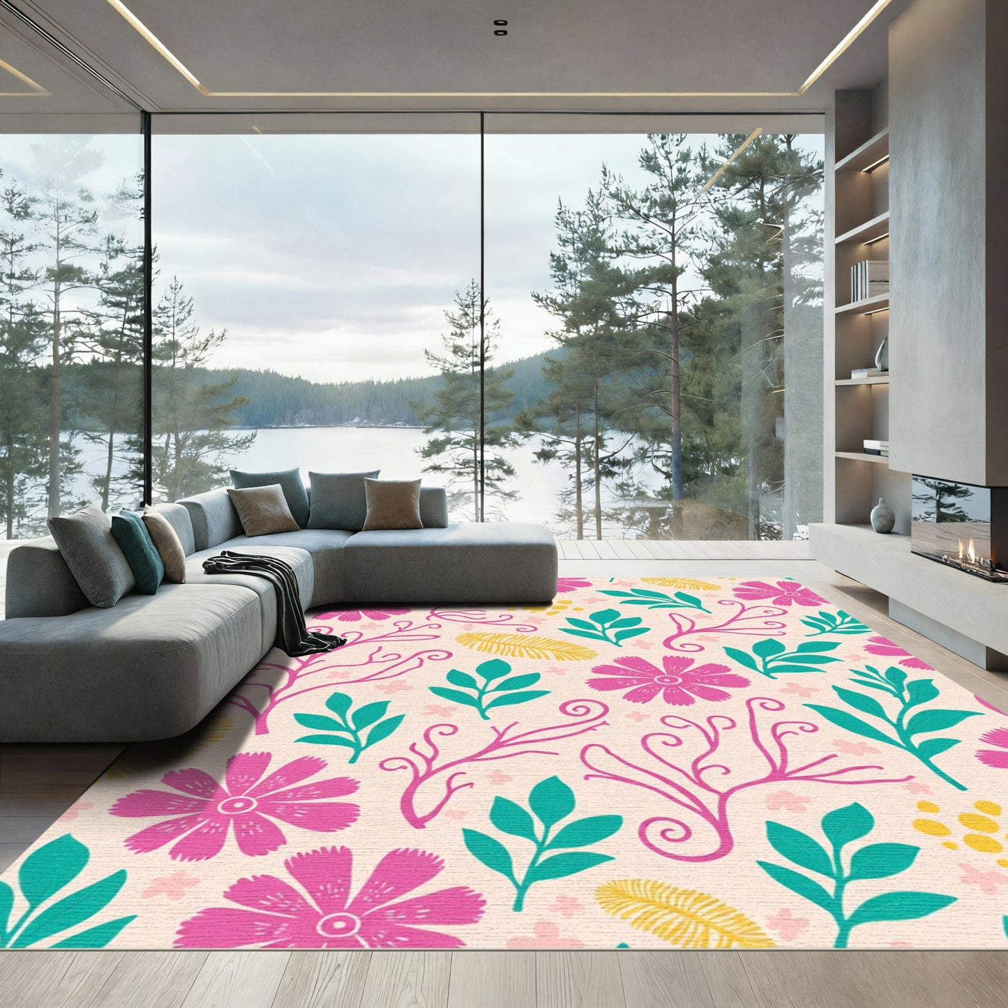 Vibrant Pink Teal Yellow Floral Foliage Rug