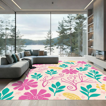 Vibrant Pink Teal Yellow Floral Foliage Rug