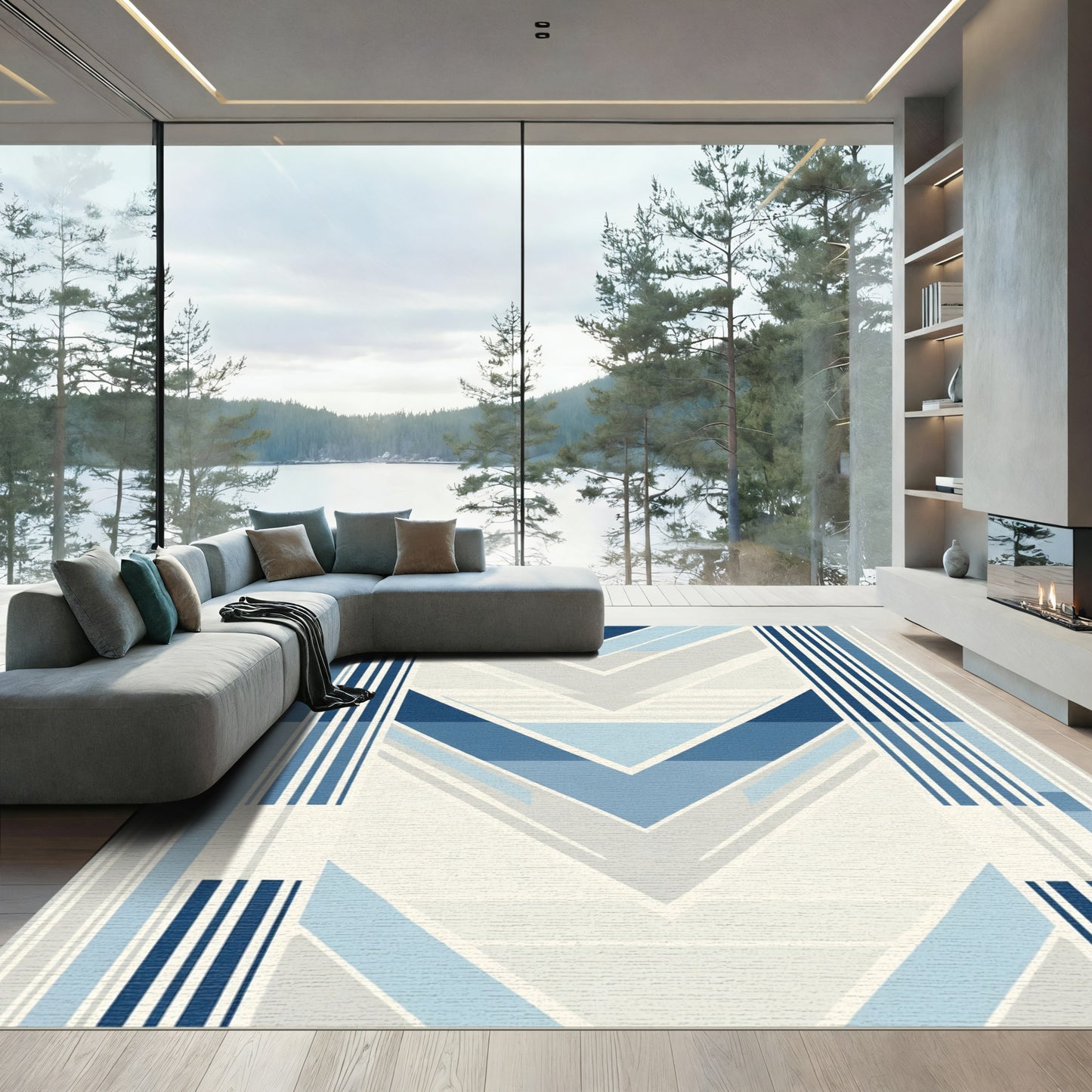 Geometric Blue and White Chevron Rug