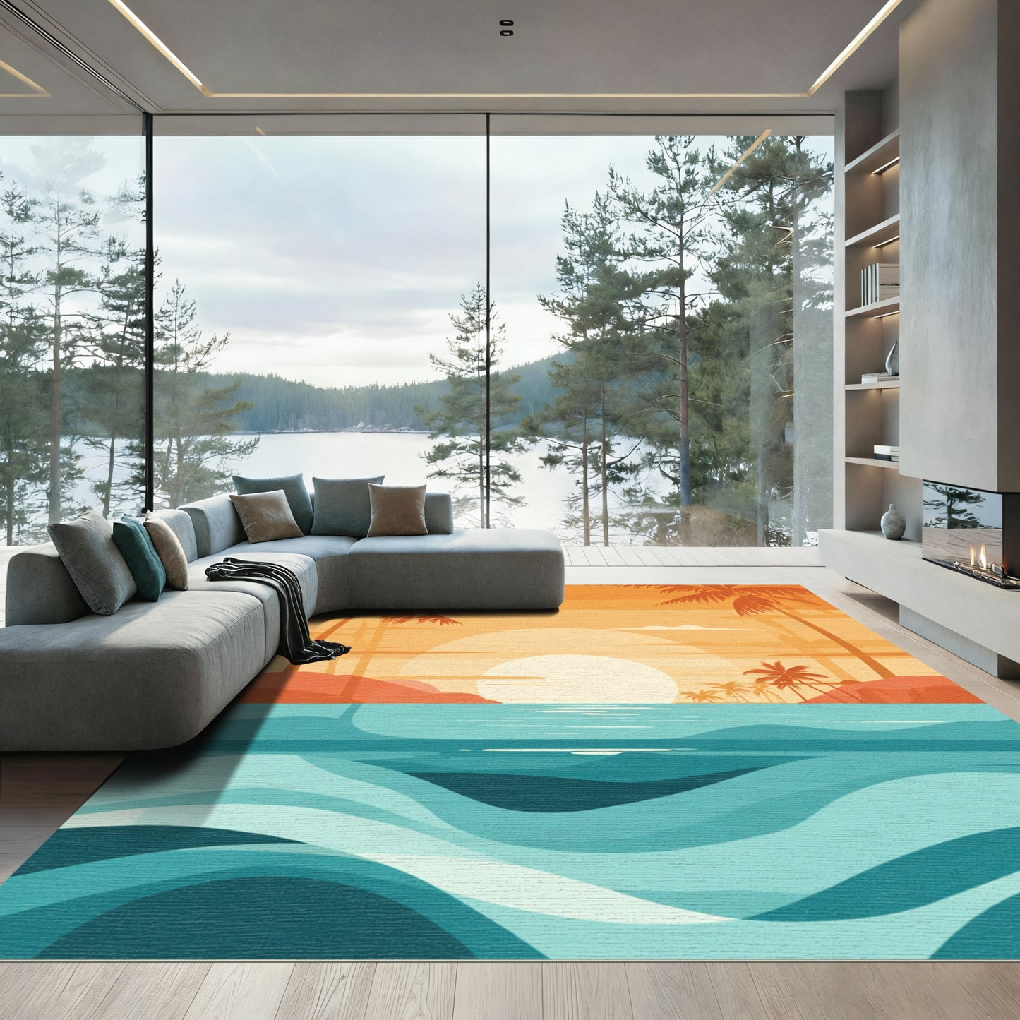 Orange Sunset Beach Palm Trees Ocean Waves Rug