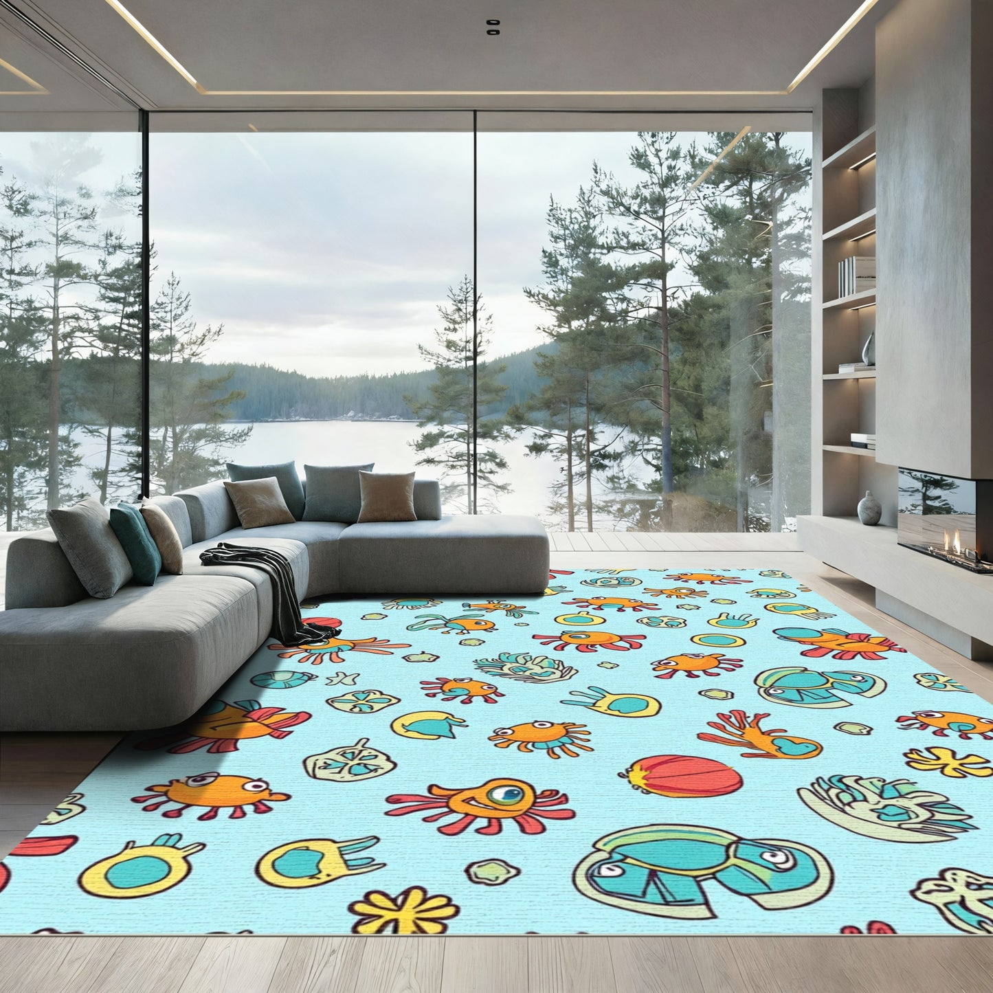 Whimsical Orange Creatures Blue Background Rug