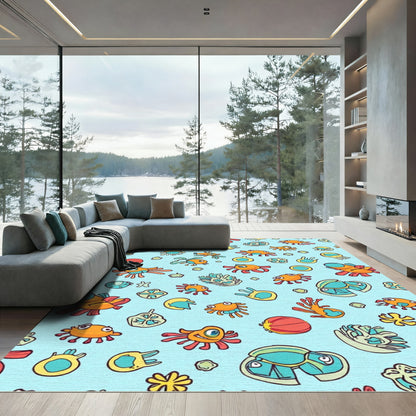 Whimsical Orange Creatures Blue Background Rug