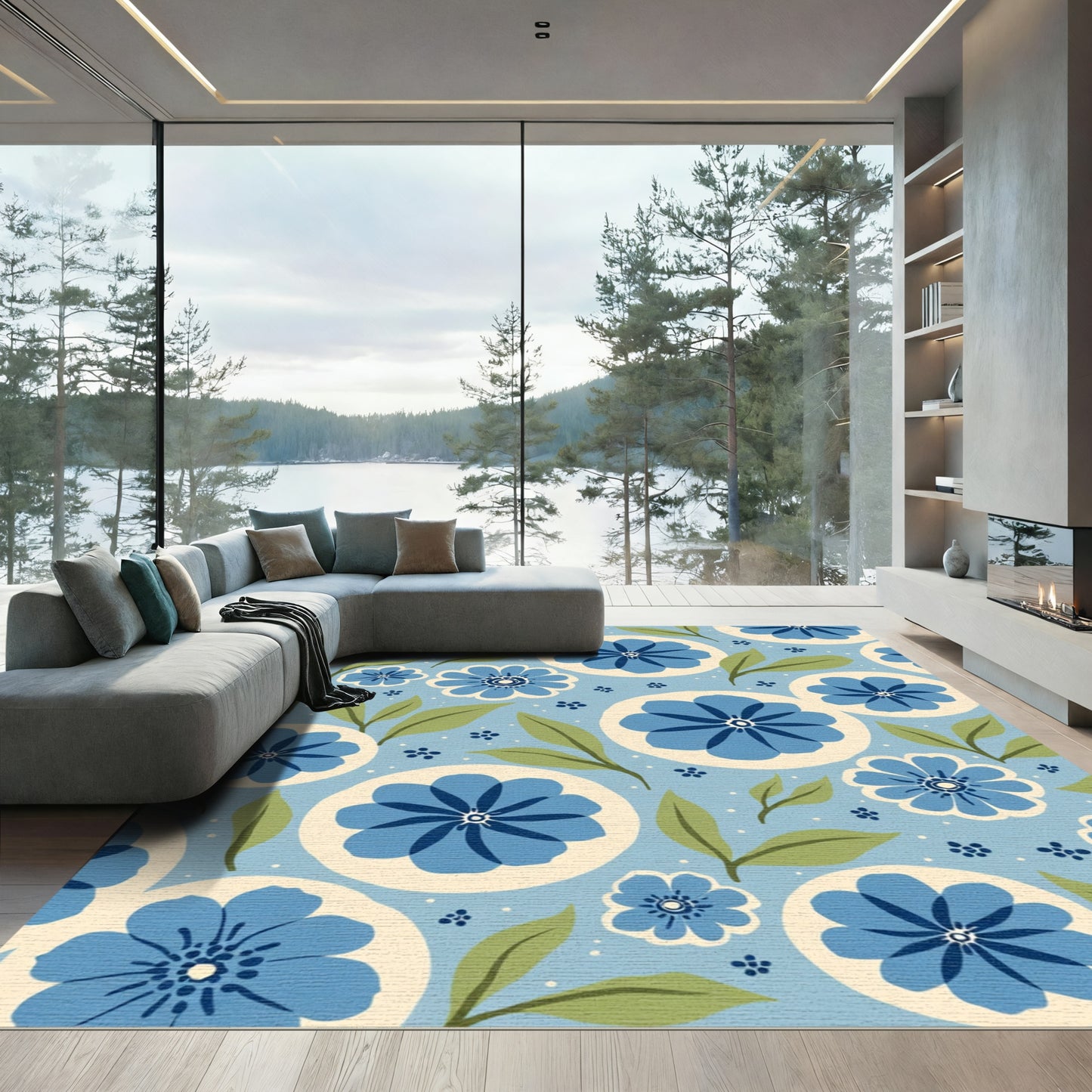 Blue Floral Medallion Garden Rug