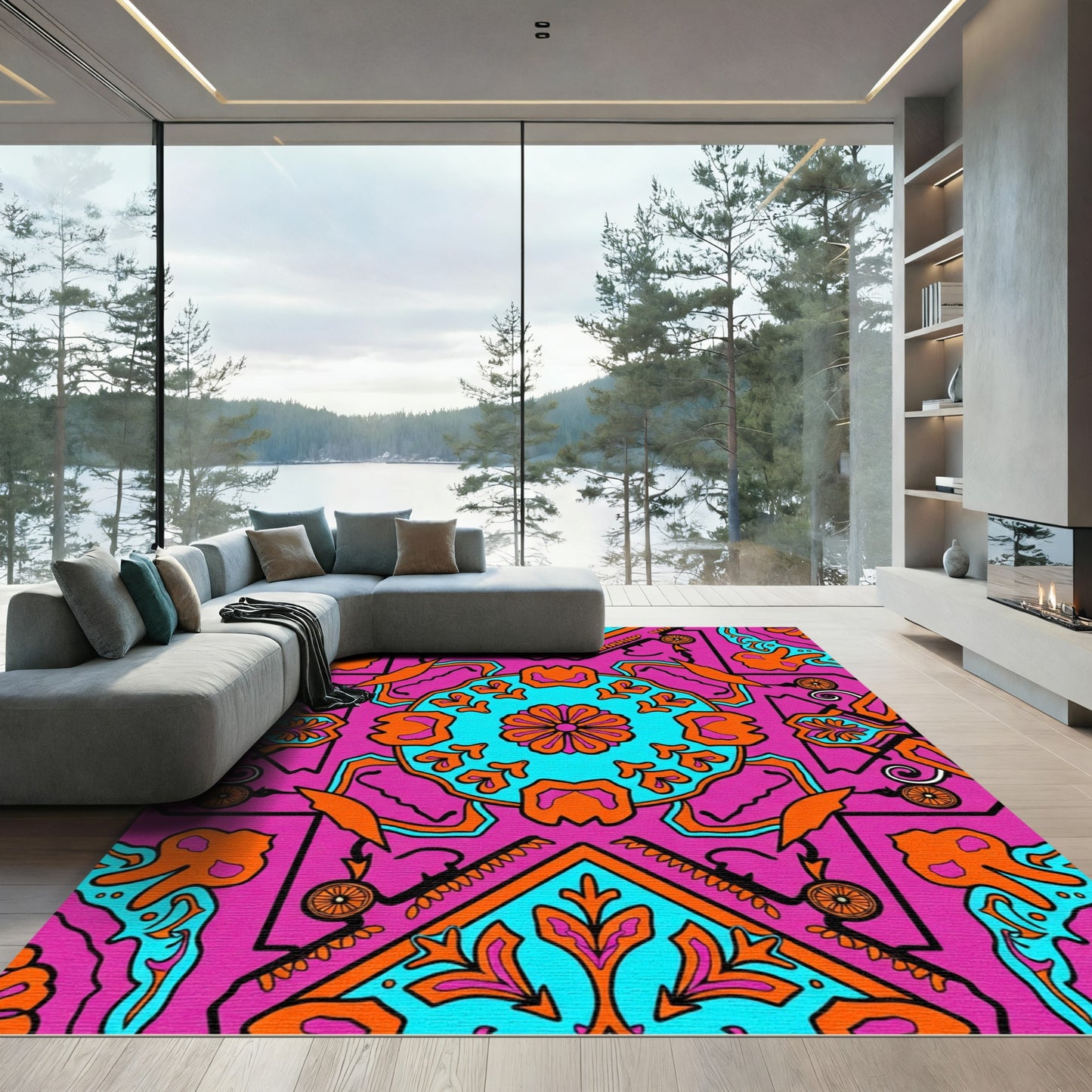 Vibrant Magenta Teal Orange Medallion Rug