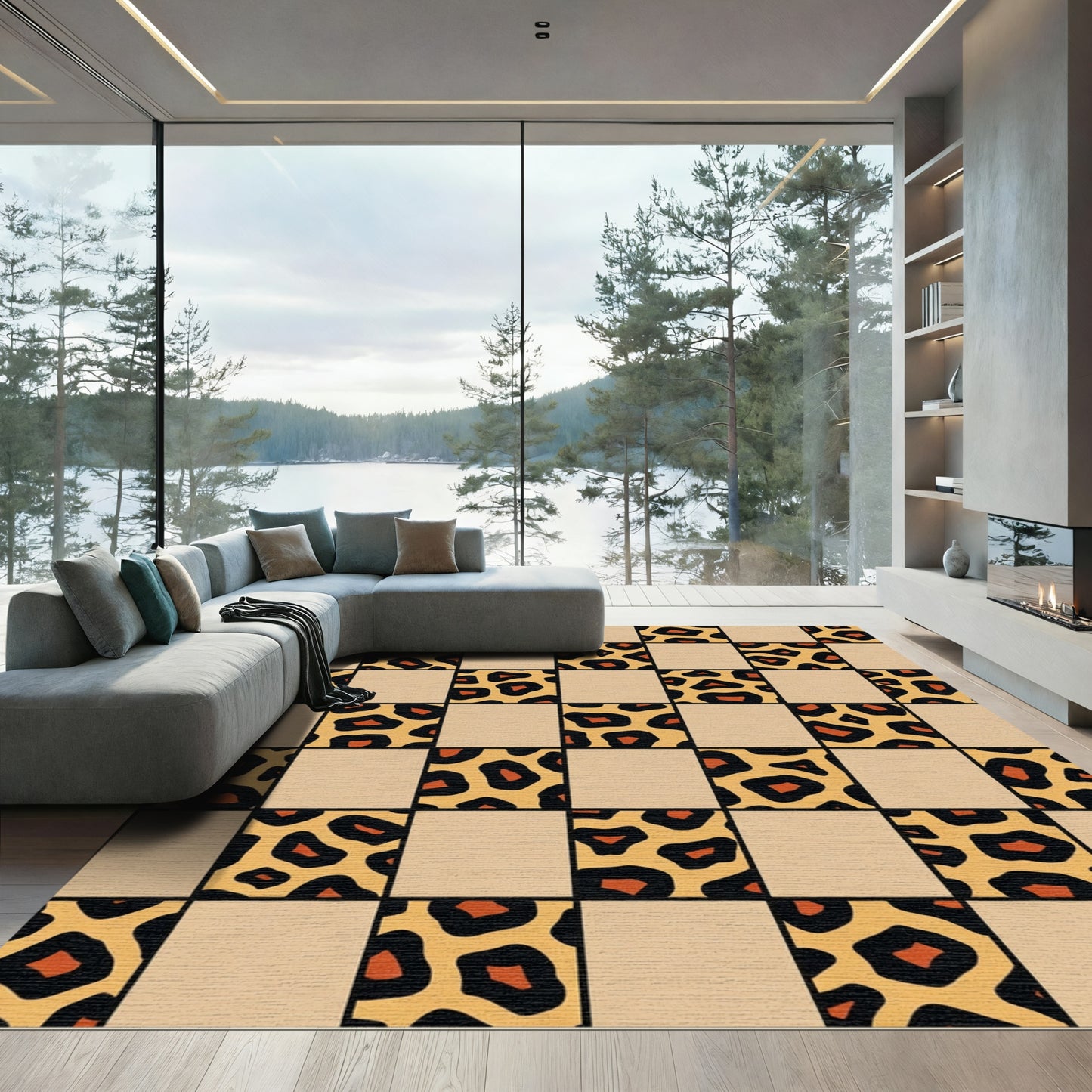 Checked Leopard Print Squares Rug