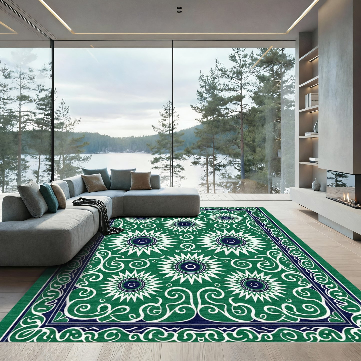 Emerald Green Sunburst Floral Medallion Rug