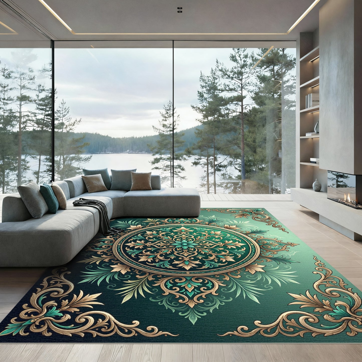 Emerald Teal Floral Filigree Medallion Rug