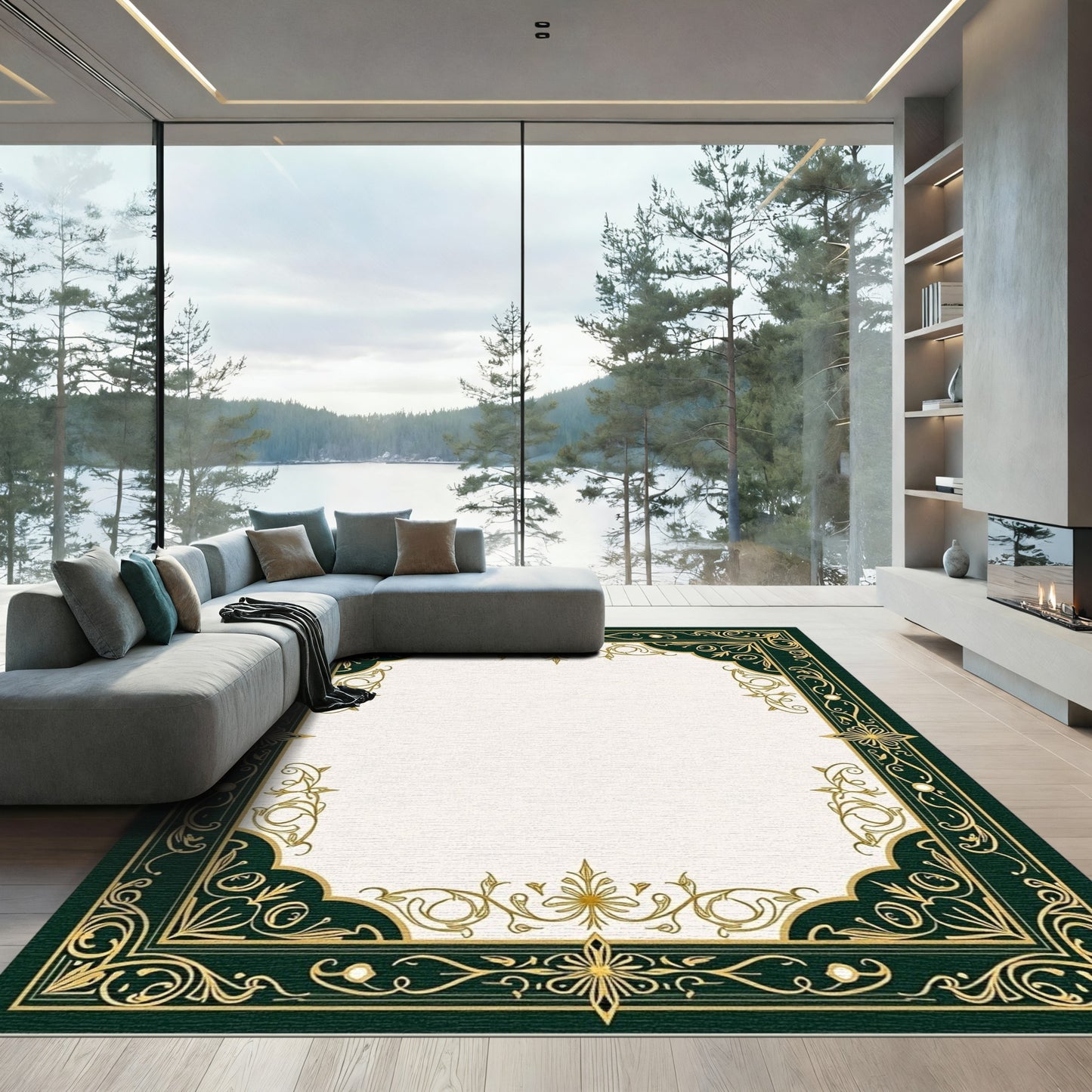 Elegant Emerald Golden Swirl Frame Rug