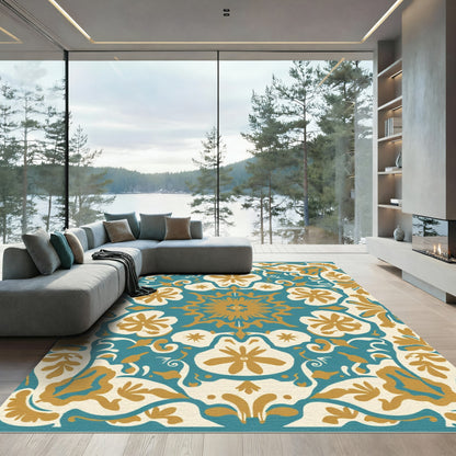 Teal Gold Floral Medallion Symmetry Rug