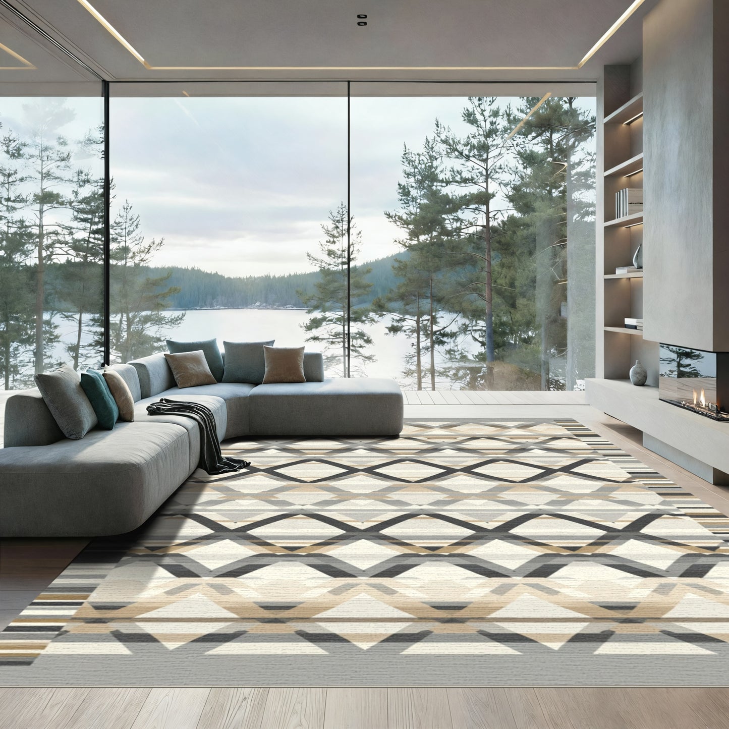 Neutral Geometric Diamond Stripe Overlay Rug