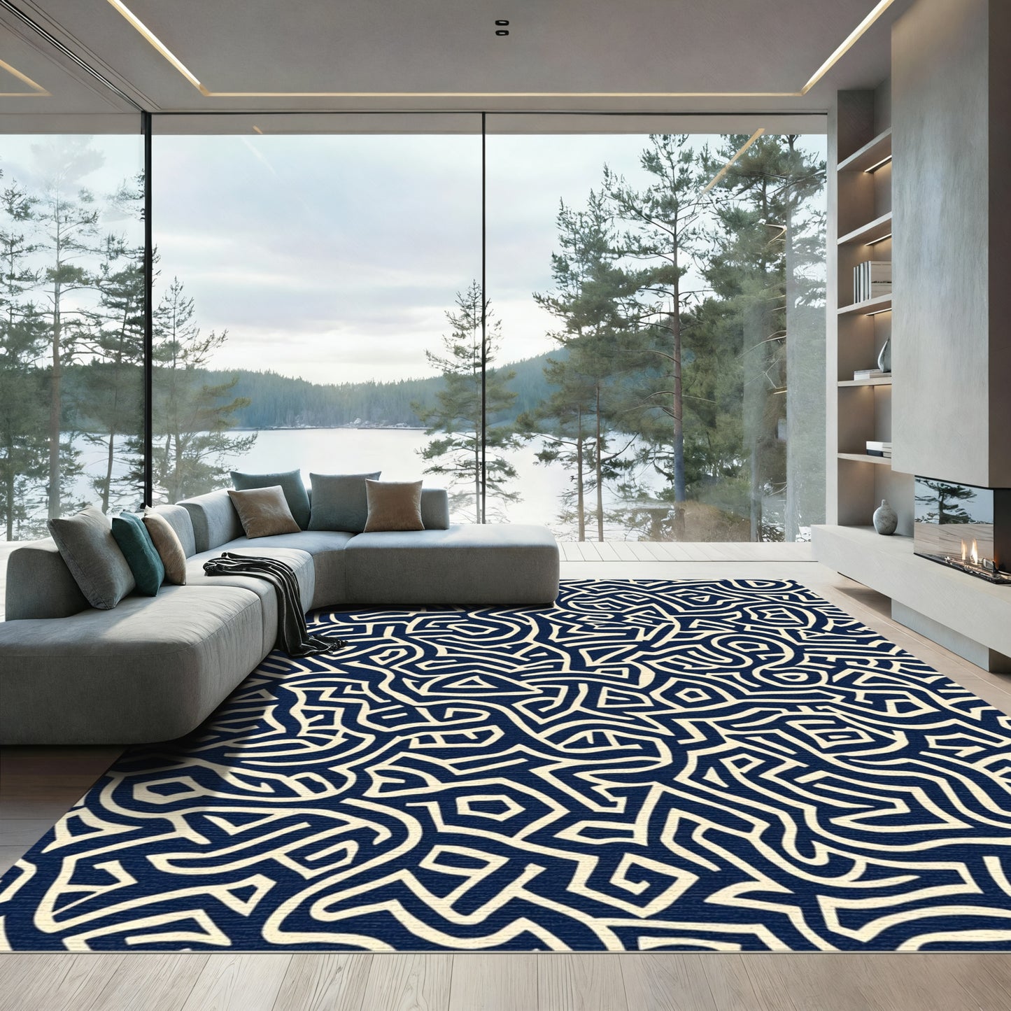 Dark Blue White Abstract Maze Pattern Rug