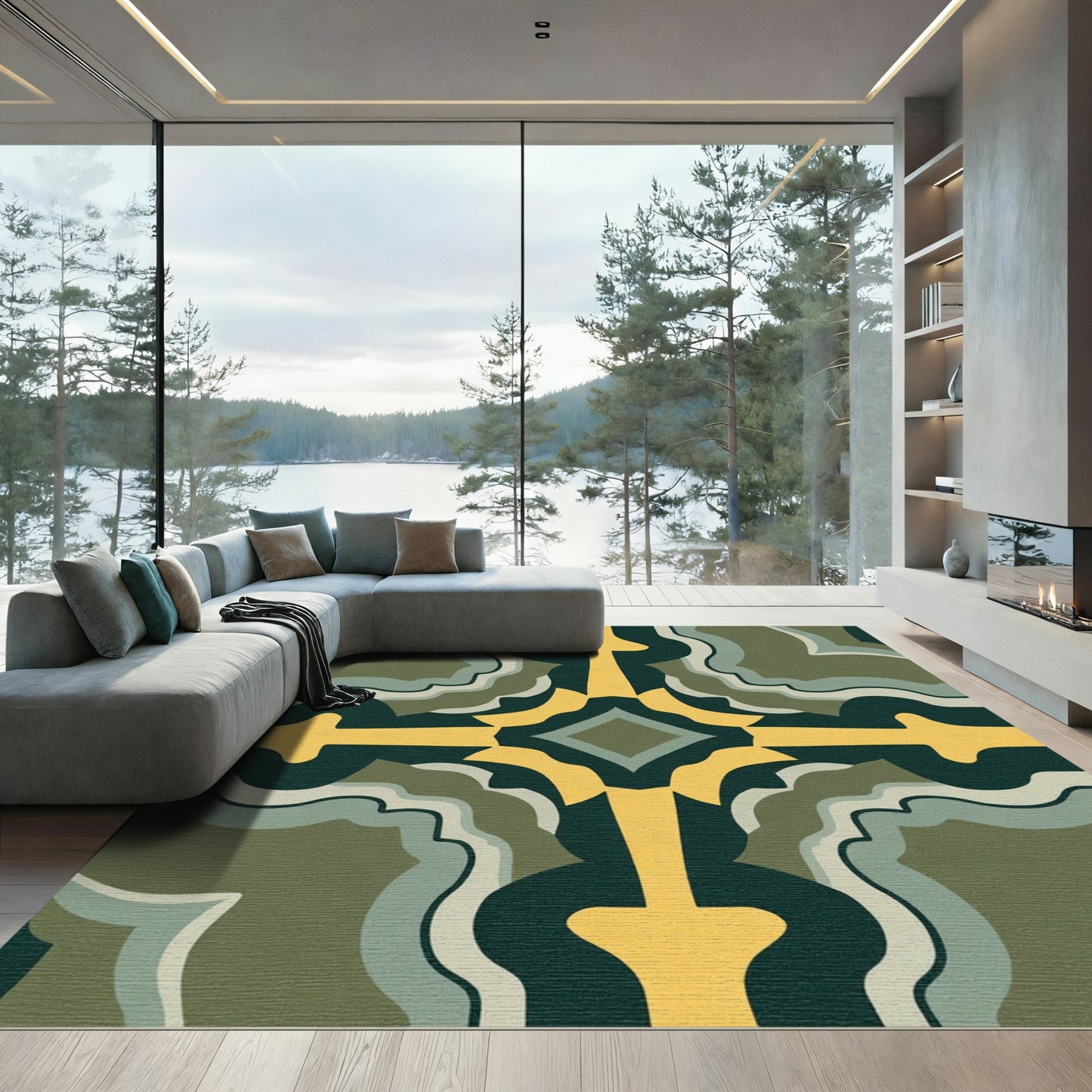 Emerald Gold Geometric Quatrefoil Flow Rug