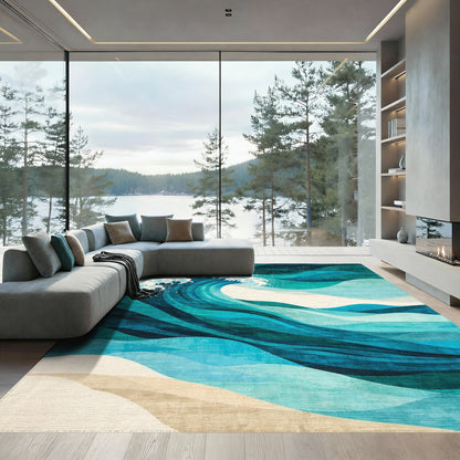 Abstract Teal Green Waves Rug
