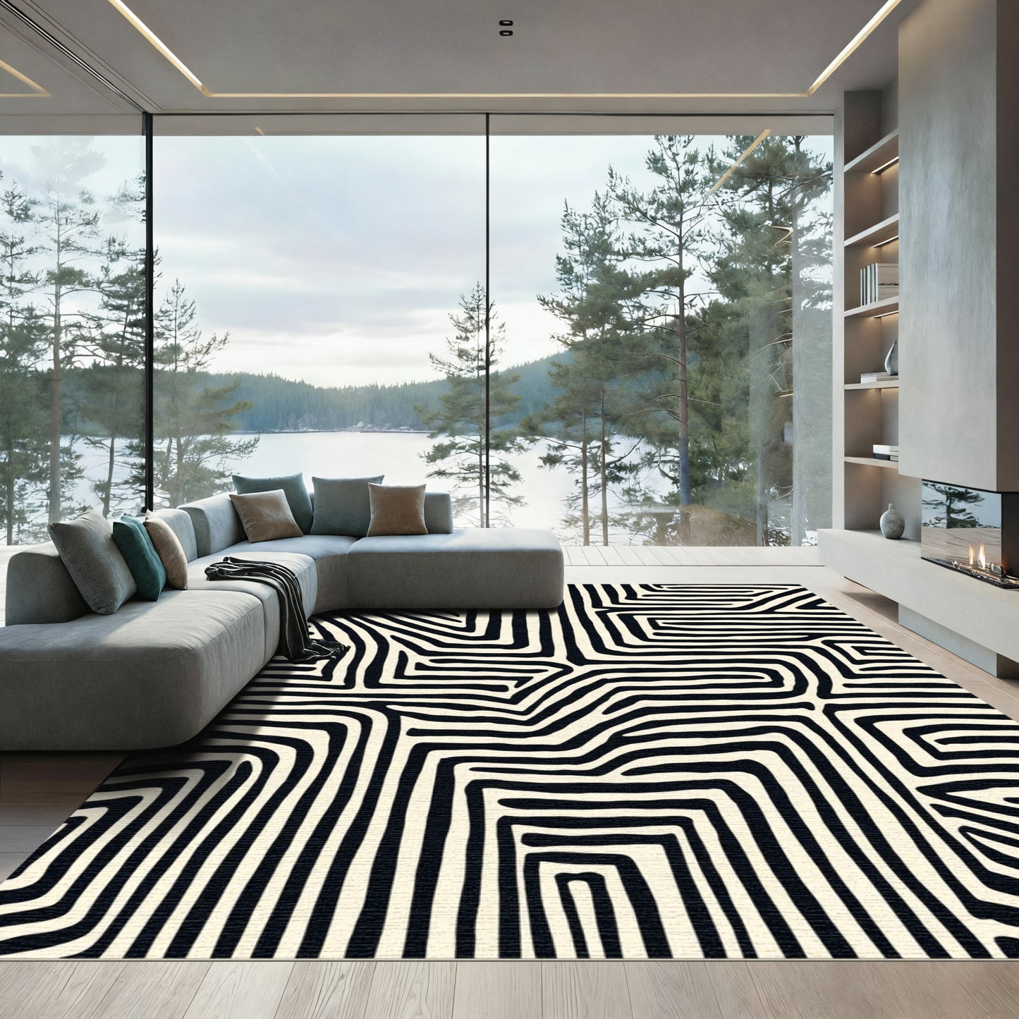 Black Cream Labyrinth Lines Rug