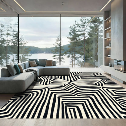 Black Cream Labyrinth Lines Rug