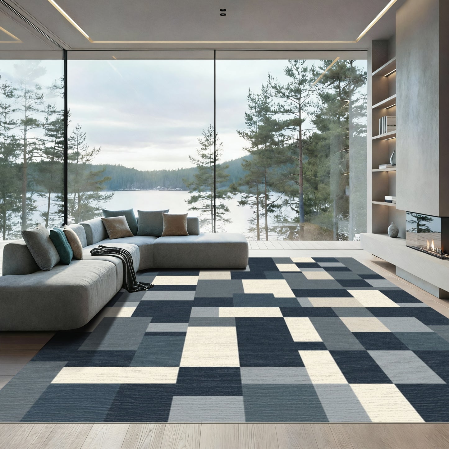 Geometric Abstract Navy Cream Rug