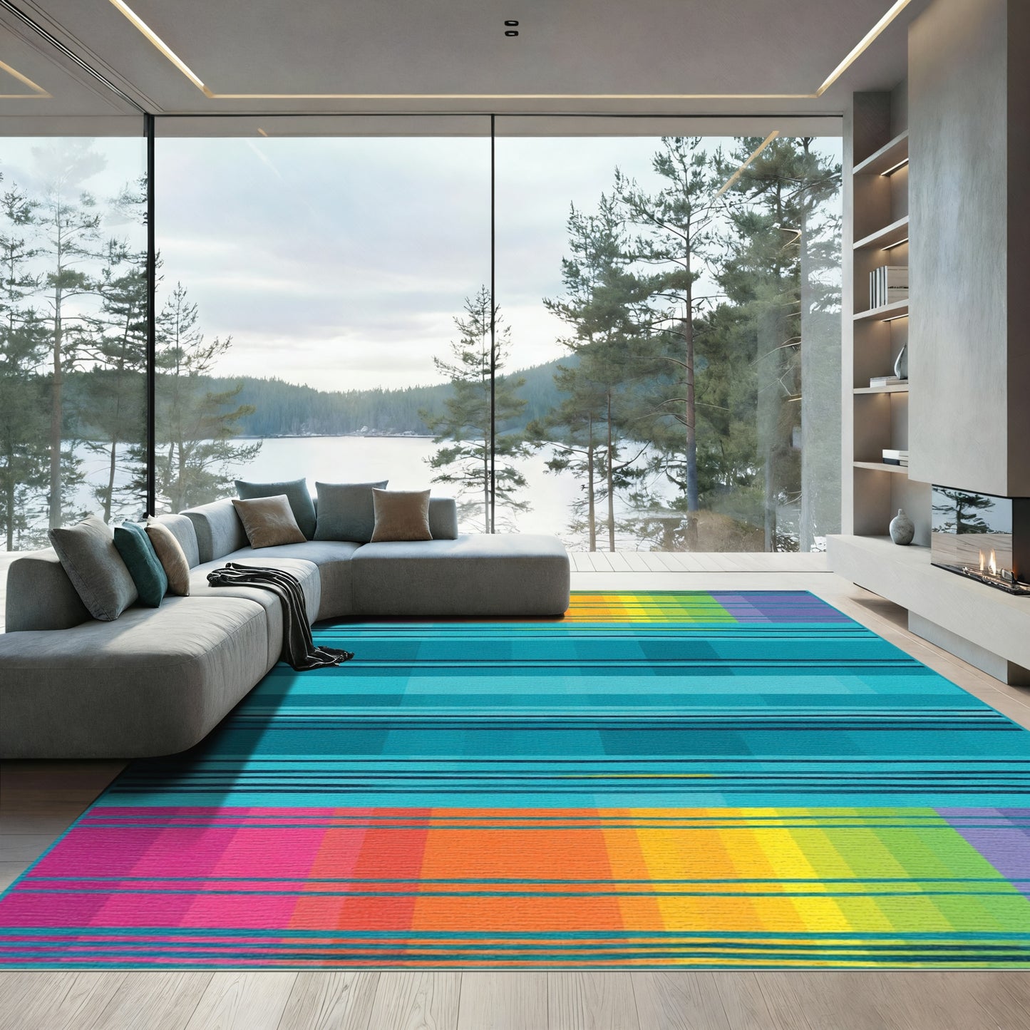 Vibrant Rainbow Striped Geometric Rug