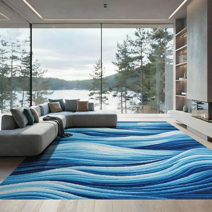 Blue Layered Waves Moon Rug