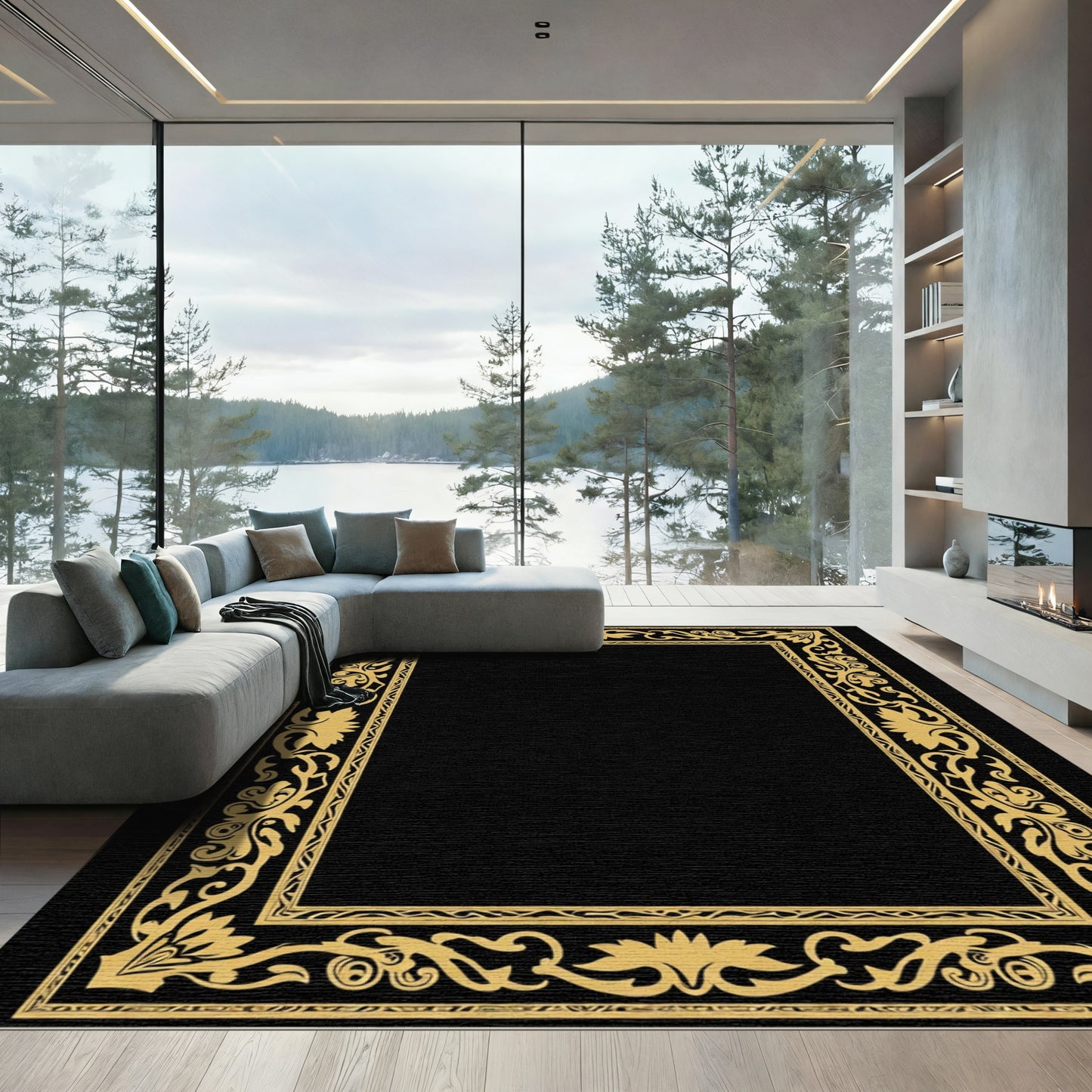 Golden Floral Vine Rectangular Border Rug