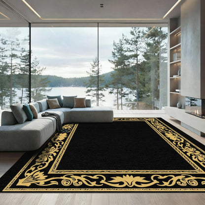 Golden Floral Vine Rectangular Border Rug