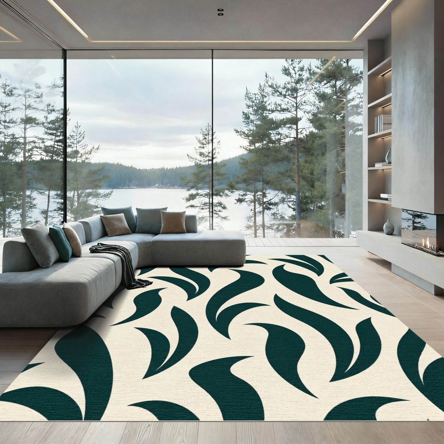 Deep Teal Abstract Leaf Swirl Rug