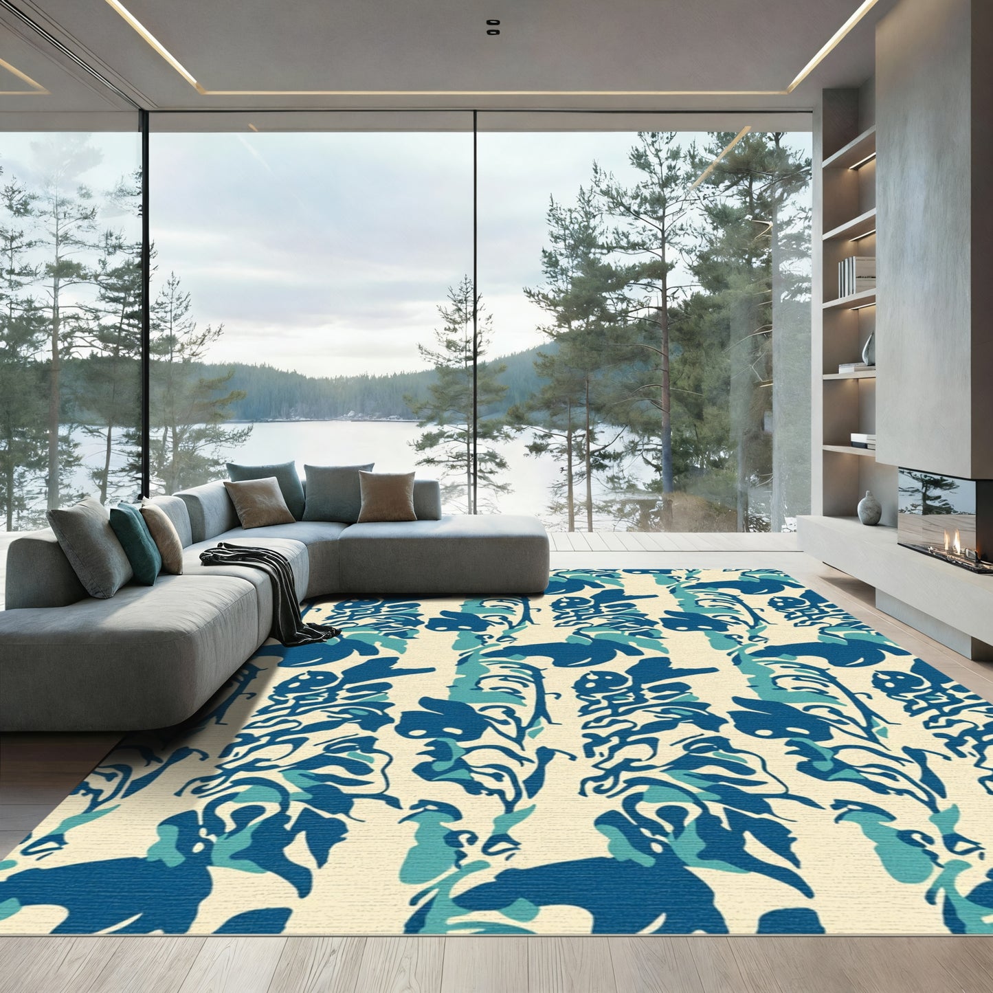 Deep Blue Abstract Botanical Stripe Rug