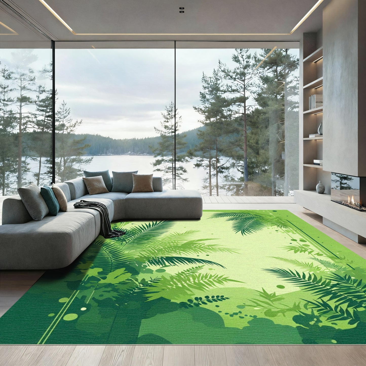 Lush Forest Green Fern Border Rug