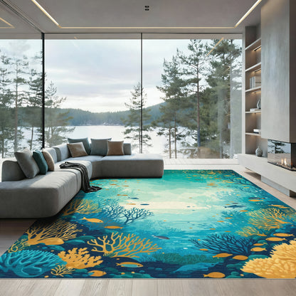 Aqua Blue Coral Fish Swirl Rug