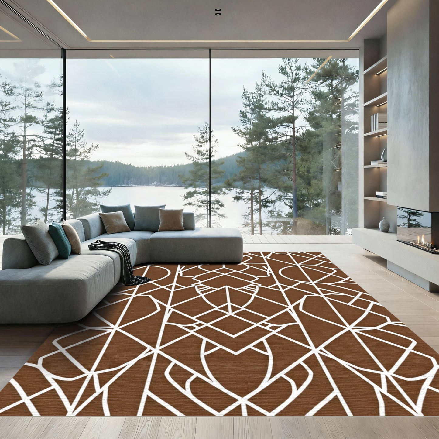 Art Deco White Geometric Brown Rug