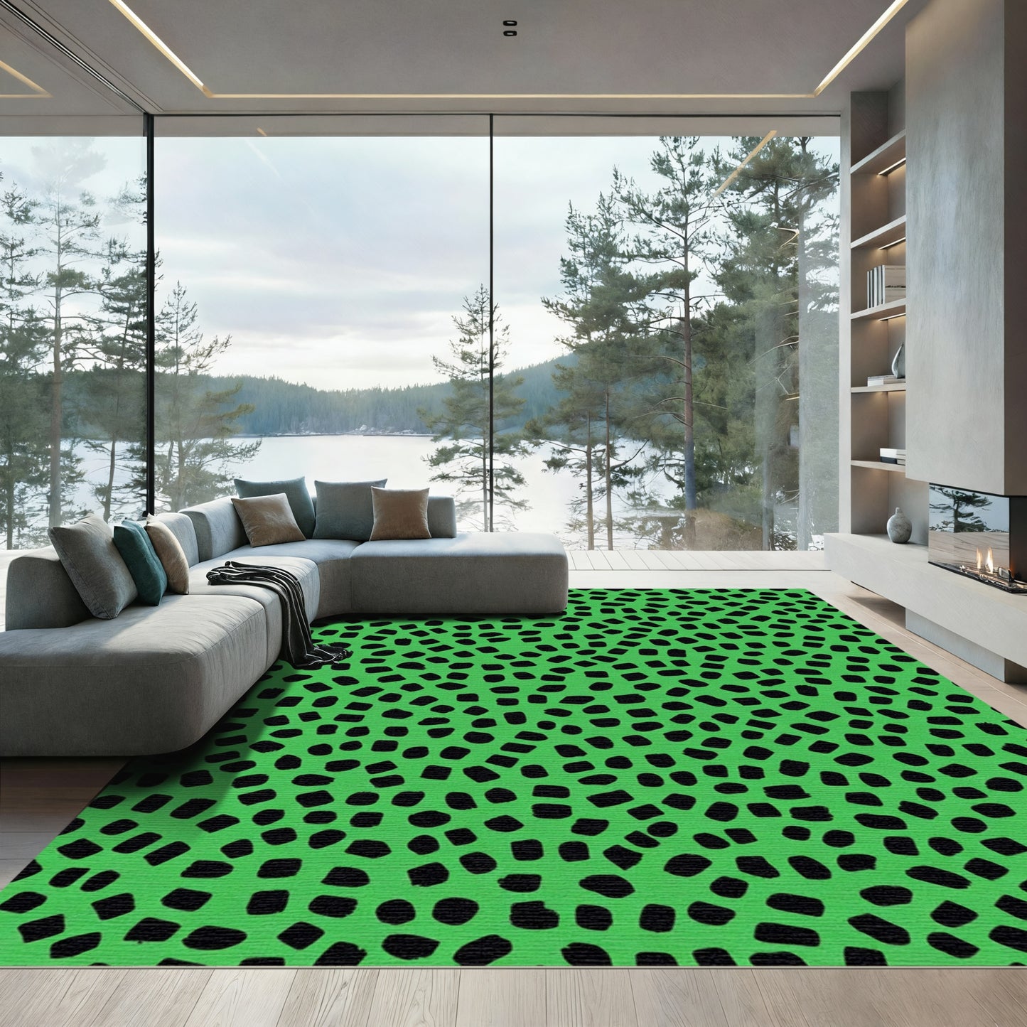 Vibrant Green Black Dot Cluster Rug